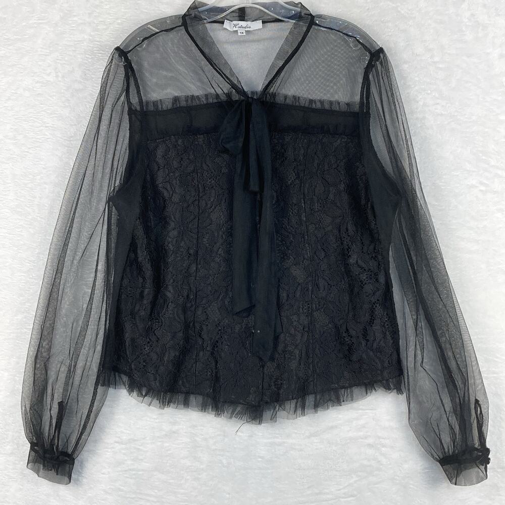 H Studio Shirt Womens 1X Black Lace Mesh Sheer Victorian Goth Lolita Coquette